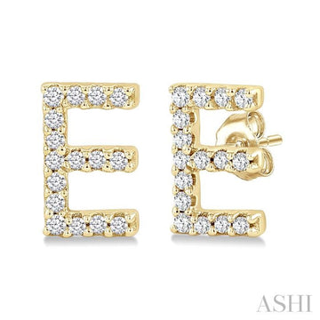 1/10 Ctw Initial 'E' Round Cut Diamond Earrings in 10K Yellow Gold